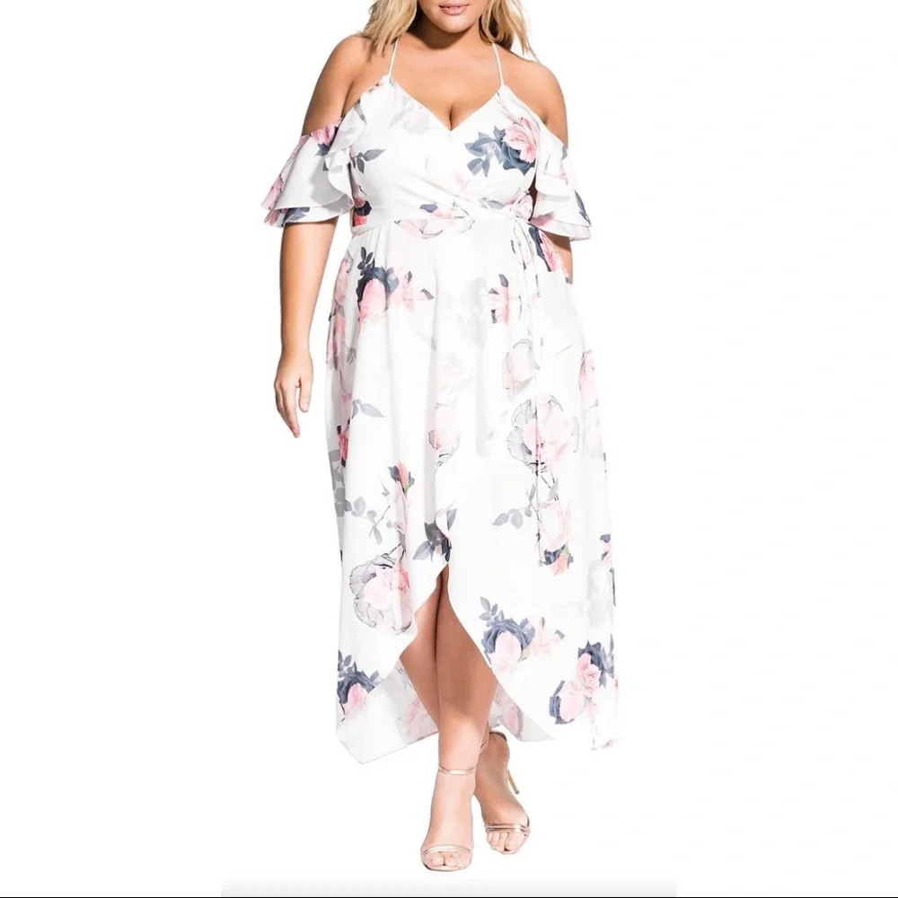 NWT City Chic White Floral Cold Shoulder Maxi Dress in Pink Lily Size 18 - Picture 3 of 10